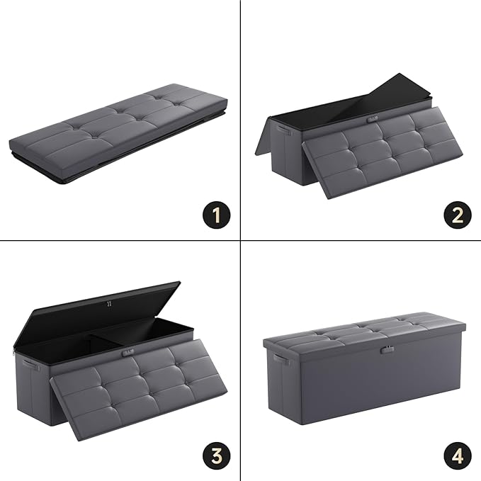 DocSafe Storage Ottoman Bench, Fireproof&Waterproof Folding Bench with Lock(15”x 43”x15”), Leather Storage Chest with Handles&2 Extra Boxes, Ottoman Safe for Bedroom,Living Room,Home Office, Gray-NeatNest