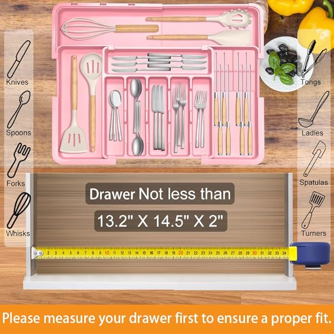 Homecor Silverware Organizer - Expandable Large Kitchen Drawer Organizer Utensil Organizer with 2 Knife Block Inserts, 22"x 19"Cutlery Tray with Drawer Dividers for Kitchen Flatware (Pink)-NeatNest