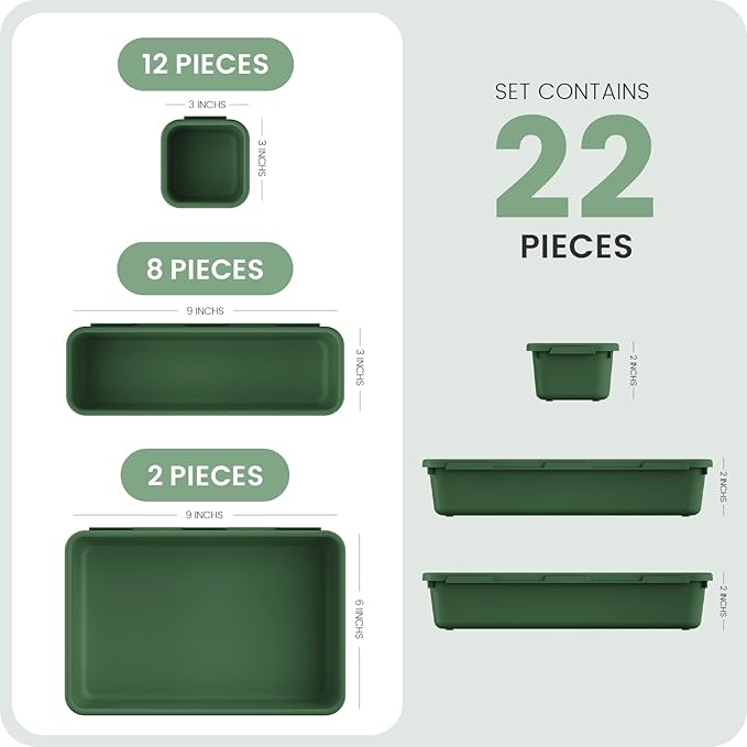 A-LuGei 22Pcs Army Green Minimalist Plastic Drawer Organizer, Storage Bins for Vanity, Bathroom, Kitchen, Office, Craft Room-NeatNest