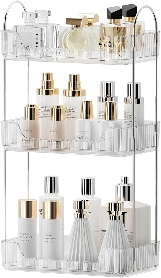Bathroom Organizer Countertop, Vanity Trays, Skincare Makeup Organizer Shelf, Counter Shelf for Cosmetics, Toiletries, Lotions, Perfumes (3 Tiers, Clear)-NeatNest