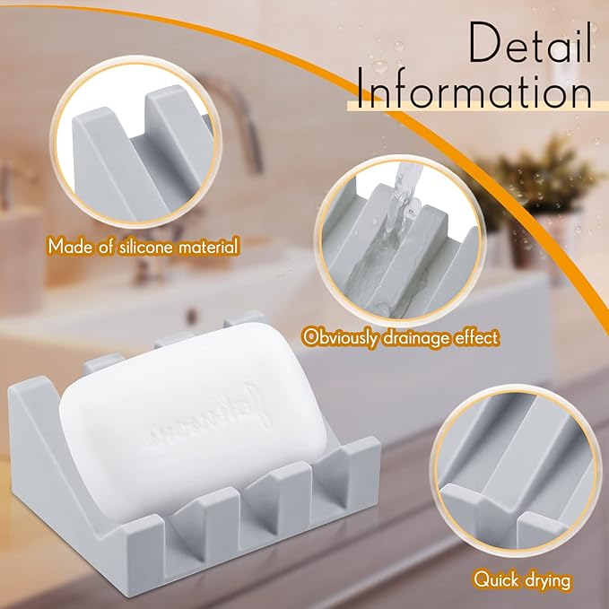 Cunhill 2 Pieces Silicone Soap Dish Self Draining Soap Dish Shower Waterfall Bar Soap Holder Tray with Drain Soap Saver for Kitchen Bathroom Accessories (Light Grey)-NeatNest