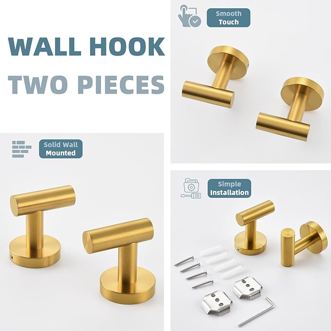 APLusee Hand Towel Hook 2 Pack Brushed Gold, 304 Stainless Steel Bath Robe Hanger, Wall Mounted