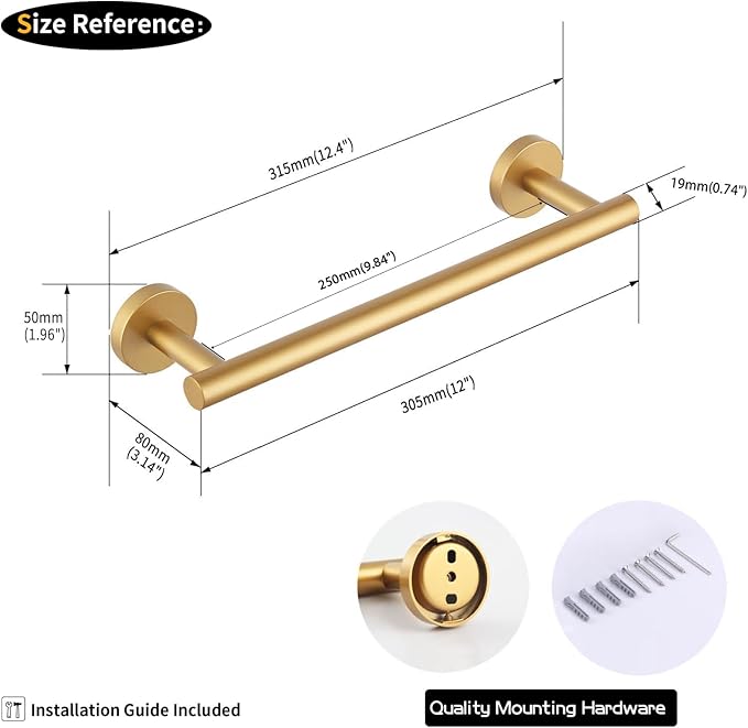 GERZWY 12-Inch Bathroom Towel Bar Modern Round Style Gold Stainless Steel Hand Towel Holder Wall Mount AG1101C30.5-BE