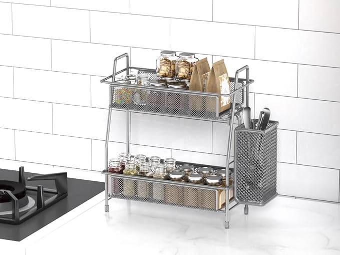 LEMIKKLE Spice Rack Organizer for Kitchen Counter, Spices Organizer and Storage Seasoning Organizer for Cabinet, Kitchen Metal Countertop Organizer with Side Basket (Grey)-NeatNest