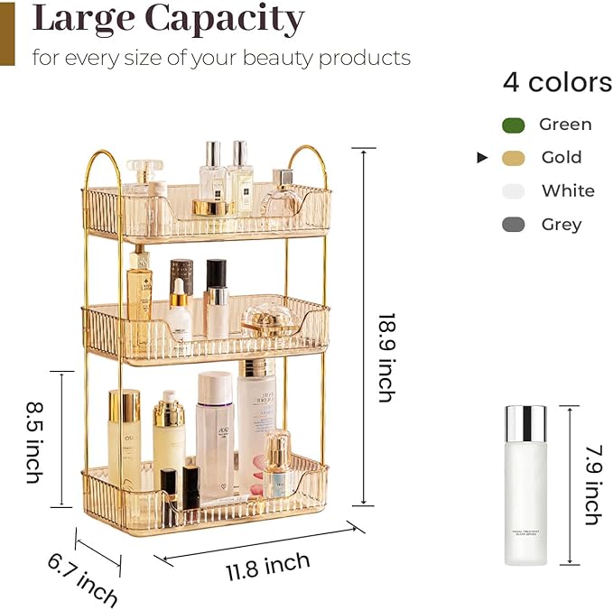 Bathroom Counter Organizer Countertop, 3 Tier Makeup Perfume Shelf Storage, Skincare Cosmetic Tray for Dresser Vanity - Gold-NeatNest