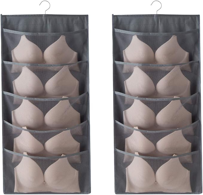 Enlarged Closet Hanging Bra Organizer with Rotating Metal Hanger, Dual Sided Wall Shelf Wardrobe Mesh Pockets Hanging Storage Bag for Bra Socks Underwear Underpants-NeatNest