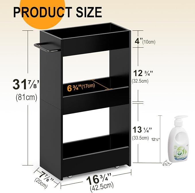 MARTY Wood Rolling Storage Cart 7.9" W, 3 Tier Slim Utility Kitchen Cart on Wheels Laundry Room Bathroom Organizers Narrow Shelves with Handle Mobile Shelving Unit for Small Places, Black