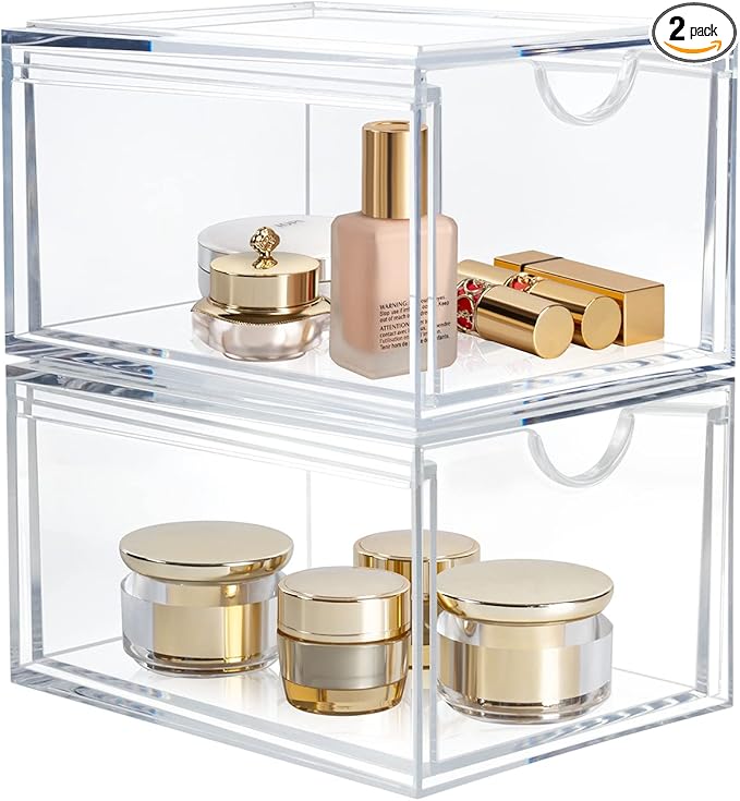 AMEITECH 2 Pack Clear Stackable Storage Drawer, Bathroom Makeup Organizer, Plastic Storage Bins, Acrylic Organization and Storage for Vanity, Kitchen Cabinets, Pantry, Undersink