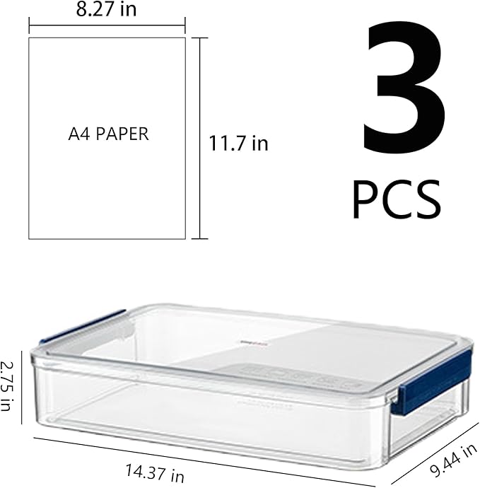 A4 Scrapbook Paper Storage, Photo Storage Box, Plastic File Box (3Pack, Large, Blue)
