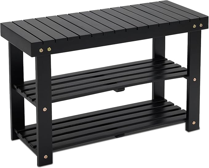 BEEFURNI Acacia Shoe Rack Bench, 3-Tier Sturdy Shoe Storage Bench, Wooden Footwear Organizer for Boots, 300 LBS Load Capacity, Perfect for Closet Entryway Bathroom, 1-Year Manufacturer Warranty, Black-NeatNest