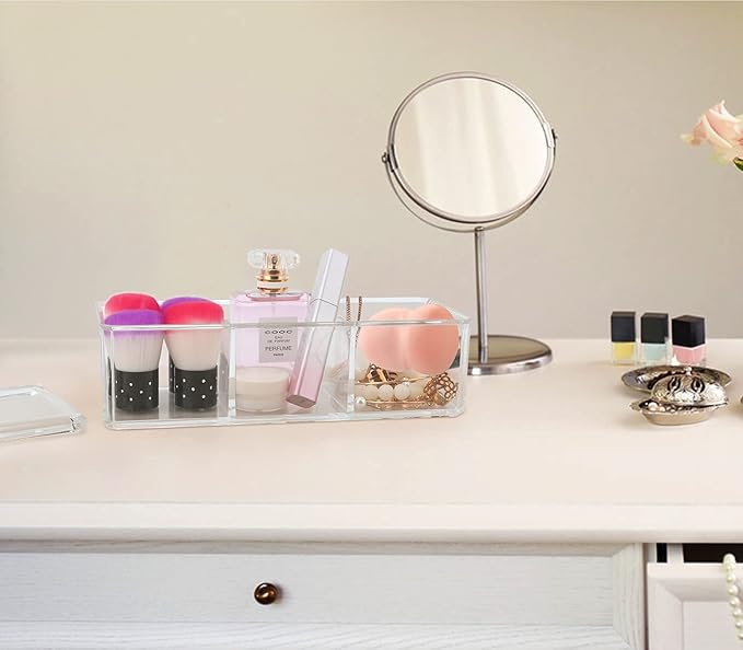 dedoot Plastic Drawer Organizer, Clear Acrylic Vanity Desk Storage and Organizer, 3 Compartment Make Up Holder with Lid Bathroom Display Storage Container for Jewelry, Small Items, 9.17x3.7X3.46 Inch-NeatNest