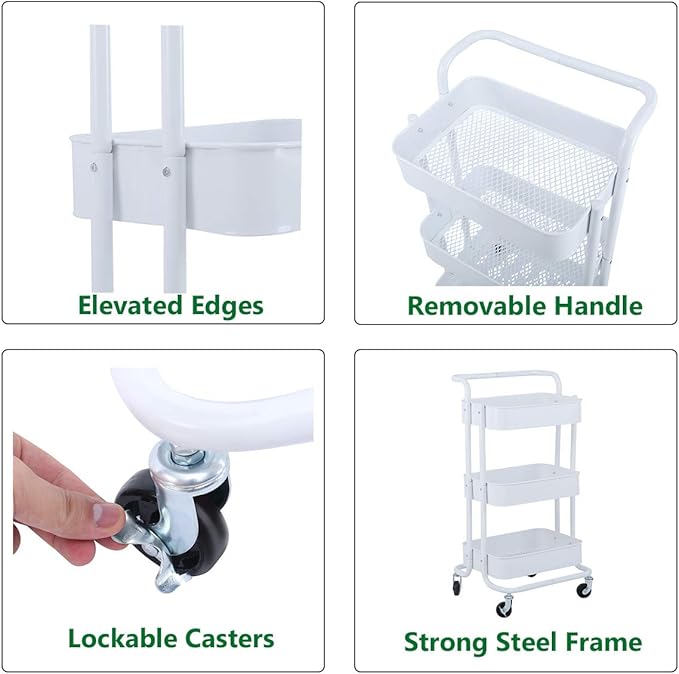 3-Tier Metal Mesh Rolling Cart Storage Organizer with Utility Handle and Wheels, White-NeatNest