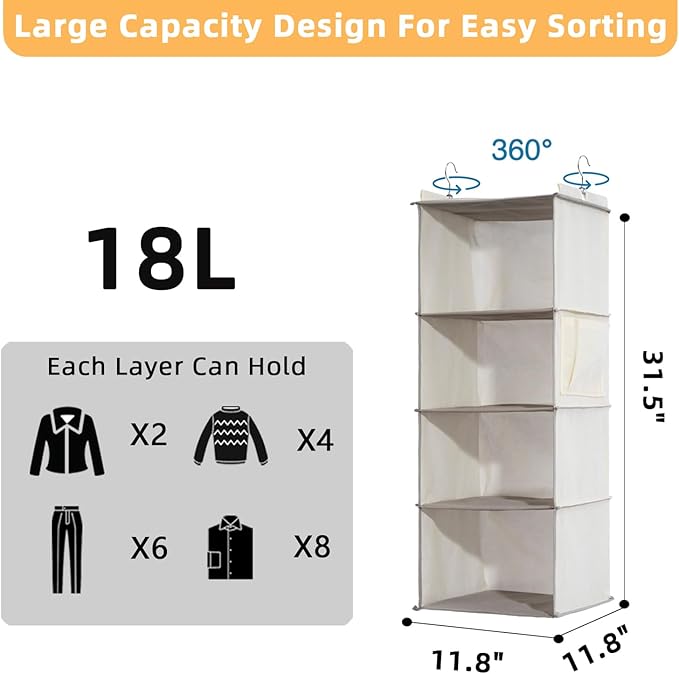2 Packs Hanging Closet Organizer, 4-Shelf Closet Organizers and Storage with Side Pockets, Collapsible Hanging Shelves for Closet & RV & College Dorm,Beige-NeatNest