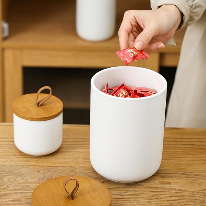 Ceramic Storage Jars, Modern Elegant Highly Polished Airtight Gorgeous Storage Canisters with Wooden Lid Small Food Stroage Jar for Kitchen Spice Tea Vanilla Sugar Coffee Beans (White medium)-NeatNest