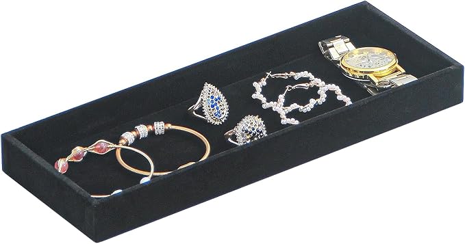 Divided Drawer Organizer Tray, Velvet Jewelry Storage Tray, Necklace Bracelet Ring Earring Display Tray,Bedside Nightstand Desk Holder Tray for Phone Watch Sunglasses Cosmetics Storage/Black/1grid-NeatNest