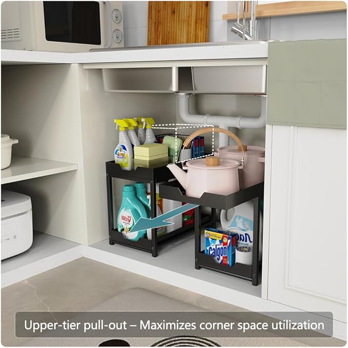 2 Packs Under Sink Organizers, 2 Tier Bathroom Organizers and Storage, Pull Out Cabinet Organizer Shelf, Metal Sliding Drawer for Kitchen Pantry Cabinet Closet Organization Rack (Black, 2 Pack)