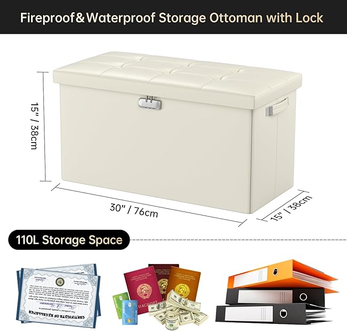 DocSafe Storage Ottoman Bench with Lock,Fireproof 30 Inches Folding Bench Foot Rest Stool Storage Chest Safe for Living Room,Bedroom,Home Office,Waterproof Leather Ottoman with Handles,Beige-NeatNest