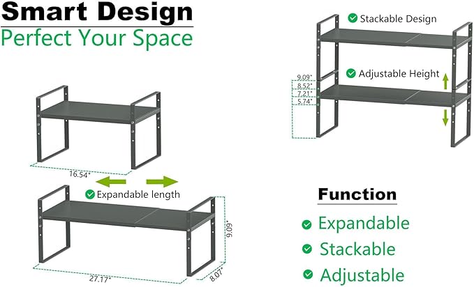 Expandable Stackable Spice Rack Cabinet Shelf Organizer in Cabinets Shelves Kitchen Cupboard Organization Stack up Racks Pantry Countertop Storage (Gray, Medium 3 Packs)