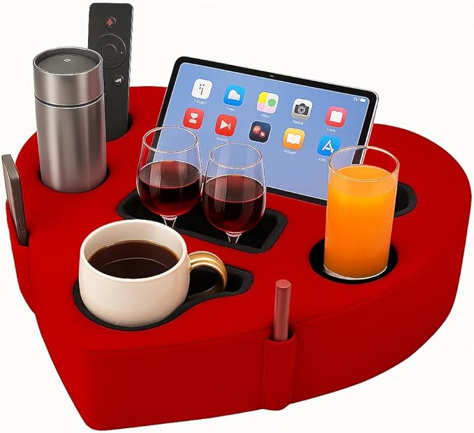 Heart-Shaped 8-in-1 Bed & Couch Cup Holder, Sofa Organizer Caddy Holds Phone, Tablet/iPad, TV Remote, Gaming Console, Mug - Drinks Cupholder Tray - Buddy Pillow Gift for Women & Couples, Red-NeatNest