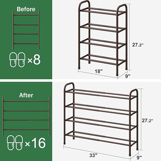 Metal Shoe Rack, Expandable Metal Shoe Rack for Closet, Entryway & Hallway (Brown, 4-Tier_Long)-NeatNest