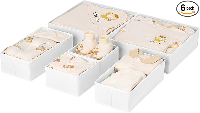 DIMJ Drawer Organizer Clothes, 6 Pack Fabric Drawer Organizer Bins, Foldable Baby Clothes Organizer & Dresser Organizer For Nursery, Clothes, Bedroom, Closet, Socks, Bra, Tie,White-NeatNest