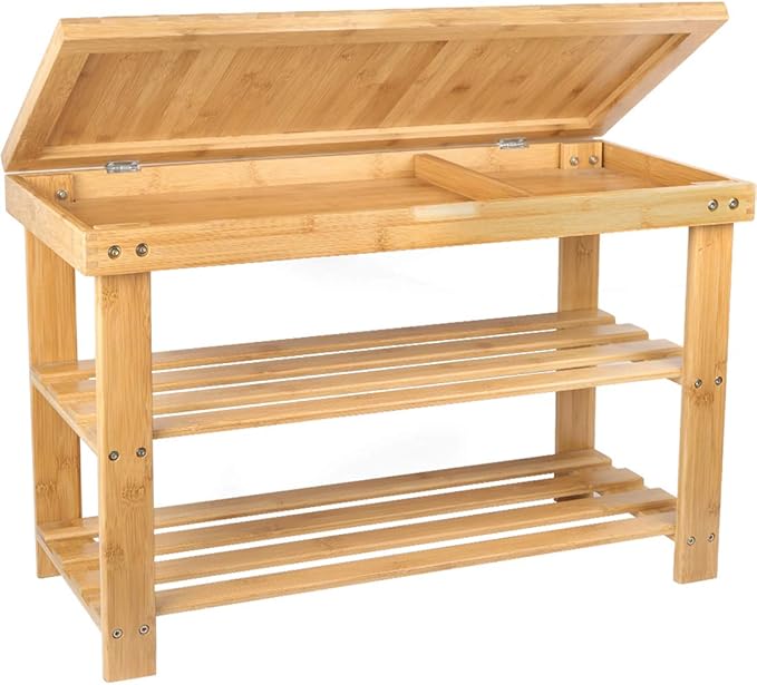 BAMBUROBA Shoe Rack Storage Bench Bamboo Organizer Entryway Organizing Shelf with Storage Drawer on Top, Natural