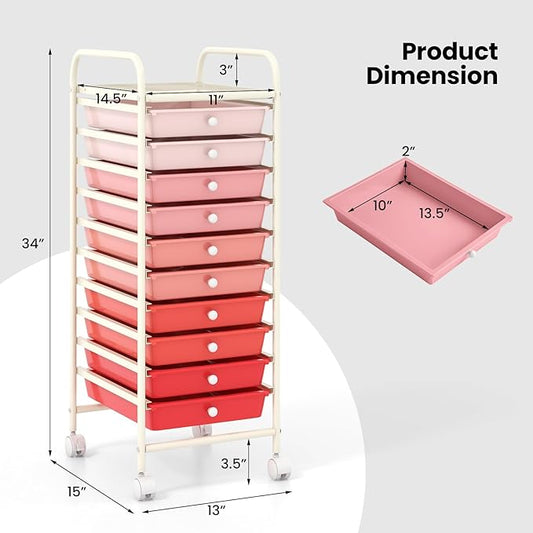COSTWAY 10-Drawer Rolling Storage Cart, Utility Mobile Trolley with Removable Drawers & Universal Casters & 2 Brakes, Versatile Flexible Drawer Organizer Cart for Home, Office, Mixed Pink-NeatNest