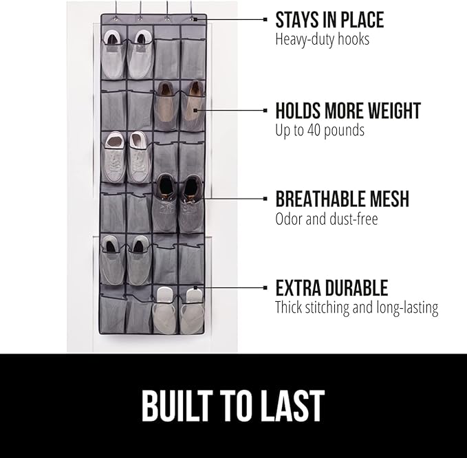 GORILLA GRIP Over the Door Shoe Organizer, 24 Large Breathable Mesh Pockets, Space Saving Hanging Storage Holder, Closet Rack Hanger Holds Up to 40 lbs, Hangs on Closets for Shoes, Accessories, Gray-NeatNest
