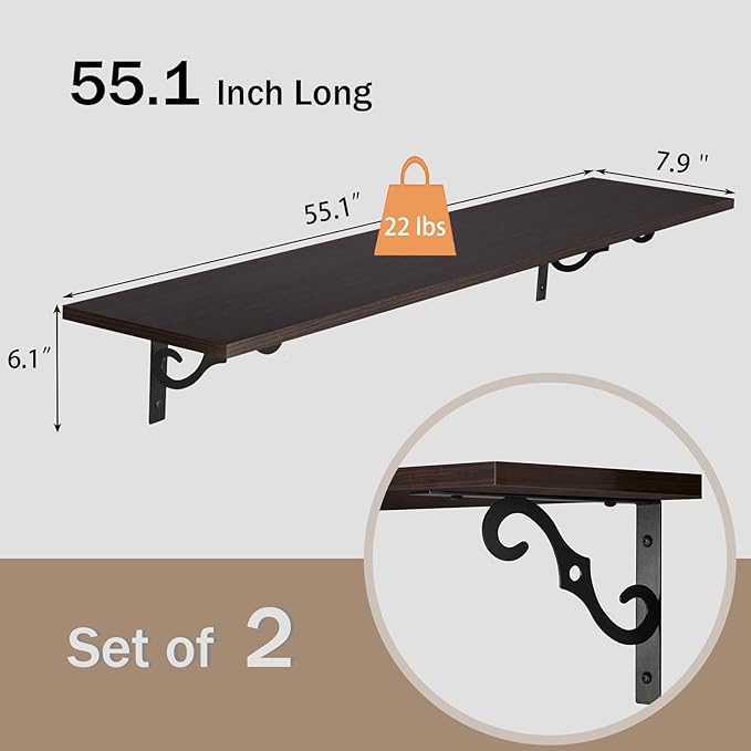 DINZI LVJ Long Wall Shelves, 55.1" Large Floating Shelves Set of 2, Wide Display Shelf Wall Mounted with Brackets, Easy Hanging for Living Room, Toilet, Office, Bedroom, Espresso-NeatNest