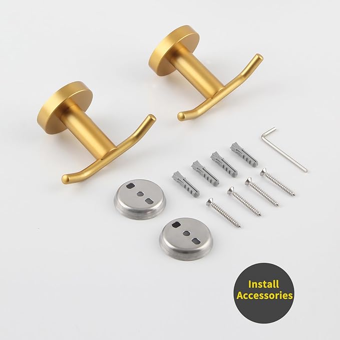 GERZWY Bathroom Double Coat Hook Gold Stainless Steel Towel/Robe Clothes Hook for Bath Kitchen Wall Mounted 2 Pack AG61908-2BE