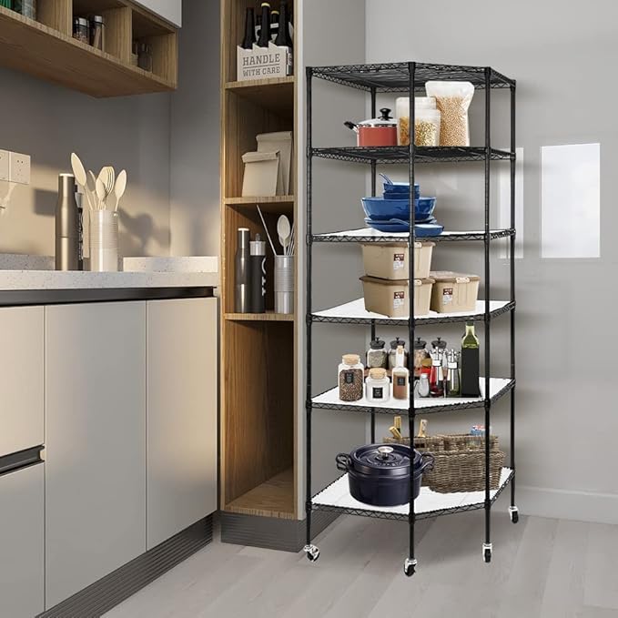 6 Tier Corner Wire Shelving Unit, Adjustable Wire Shelf with Wheels, Metal Storage Shelves and Racks for Kitchen, Bathroom, Laundry, Pantry, Closet (27" D x 27" W x 71" H, Black)