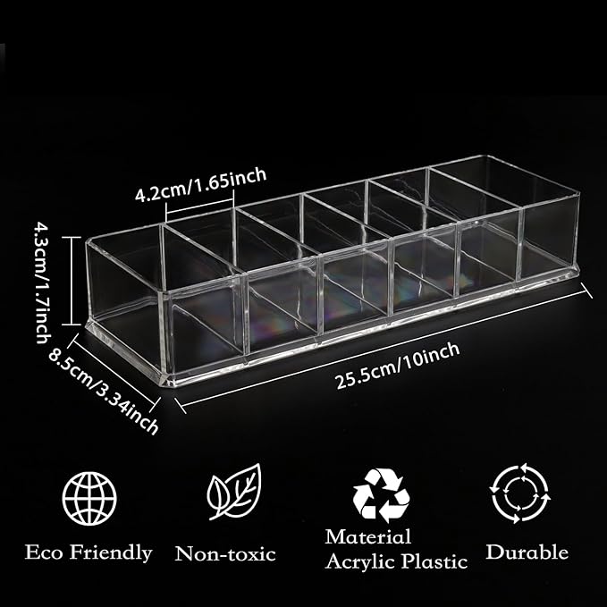 Nsmykhg Makeup Organizer Acrylic Cosmetic Storage Organizer,6 Compartments Acrylic Cosmetic Storage Jewelry Display Boxes, Clear Drawer Organizers Case,4 Pack (10 x 3.5 x 1.9 inches)