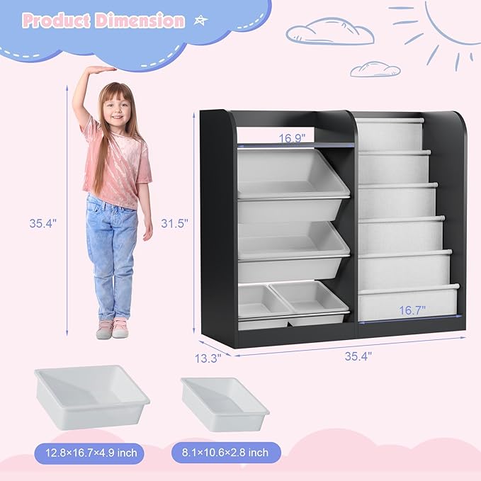 Black Kids Wood Bookshelf Toy Storage Box Organizer Shelf W/4 Removable Plastic Toy Bins Children Bookcase Toddler Baby Sling Book Rack Cabinet Chest Girl Boy Gift Playroom Classroom Bedroom Nursery-NeatNest