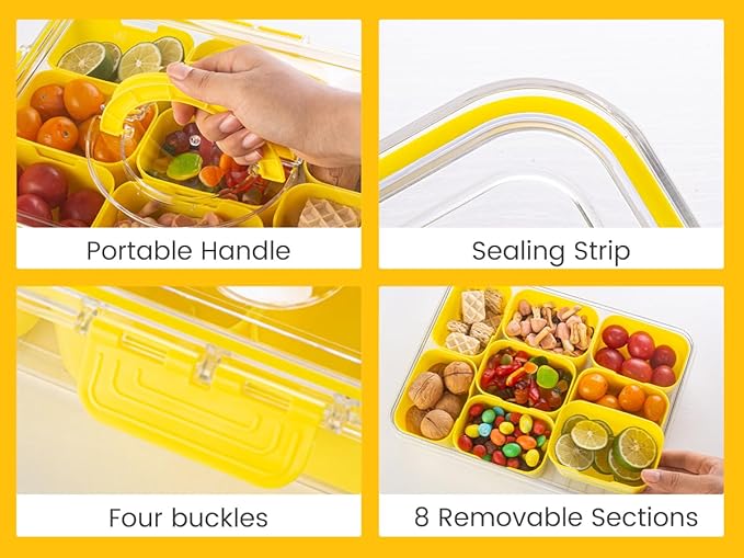 Divided Serving Tray with Lid and Handle - Snackle Box Charcuterie Container for Portable Snack Platters Organizer for Candy, Fruits, Nuts, Snacks - Perfect for Party, Entertaining, Yellow-NeatNest