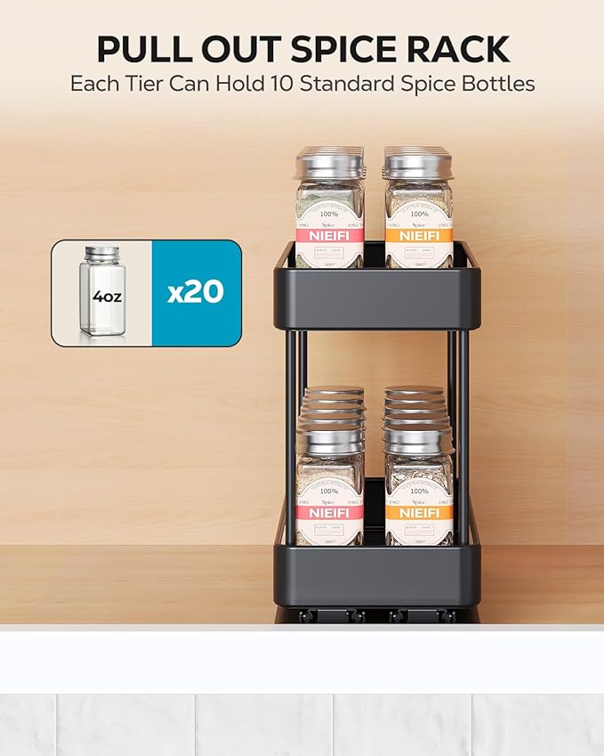 Nieifi Spice Rack Organizer for Cabinet, Vertical Spice Rack Pull Out, Easy to Install, Metal, 4.5''Wx10.35''Dx8.4''H, 1 Pack, 2 Tiers(Black)