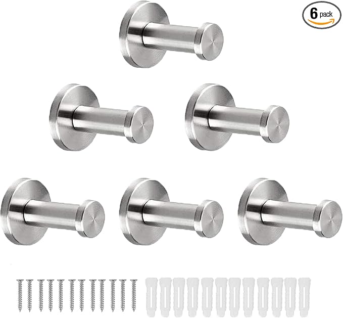 Bathroom Towel Hooks, 6 Pack Round Coat Hooks, Sturdy Wall Mounted Robe Hook, SUS 304 Stainless Steel Heavy Duty Clothes Hanger, Wall Towel Hooks for Bathroom Bedroom Kitchen (Brushed)