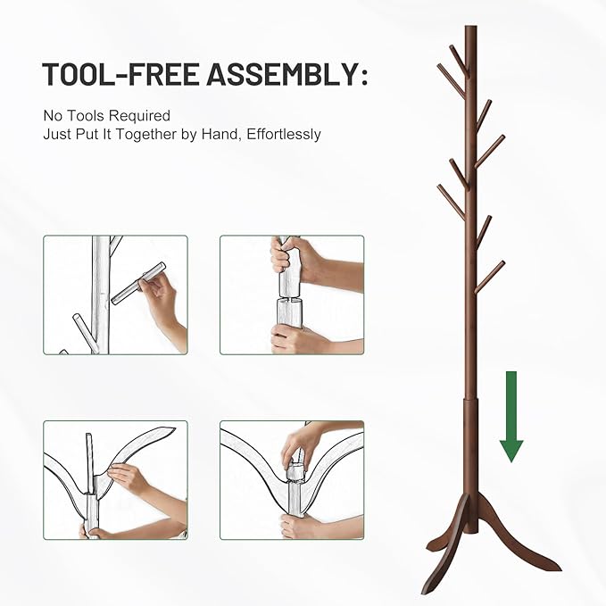 Bamboo Wood Coat Rack Stand, Freestanding Coat Tree with 8 Hooks, Hallway Entryway Hat Hanger Organizer Standing for Bedroom, Office, Clothes, Jackets, Bags, Umbrallas-NeatNest