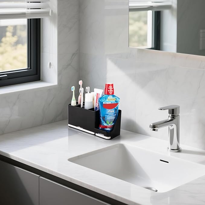 Toothbrush Holder for Bathroom Organizer with Diatom mud Board,Detachable 8 Slots Kids Electric Toothbrush Holder and Toothpaste Stand for Countertop Accessories Storage (Black)