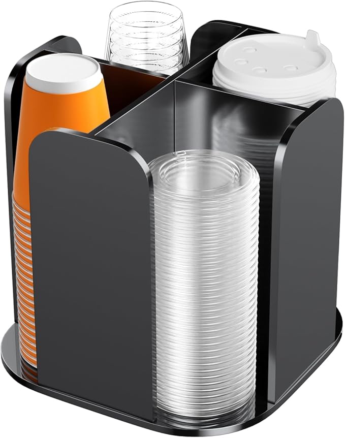 Beego Coffee Cup Holder Organizer - Rotatable 4 Compartments Black Acrylic Cup Dispenser Station With Lid Carousel - Countertop Plastic Cup Holder for Restaurant Breakroom Bar Accessories-NeatNest
