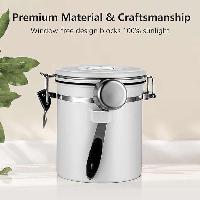 Bincoo Coffee Canister, Airtight Stainless Steel Coffee Bean Storage Container with Date Tracker, Home Kitchen Food Storage Organizers for Grounds,Beans,Espresso,Sugar,Scoop,Bar (1200ML-White)-NeatNest