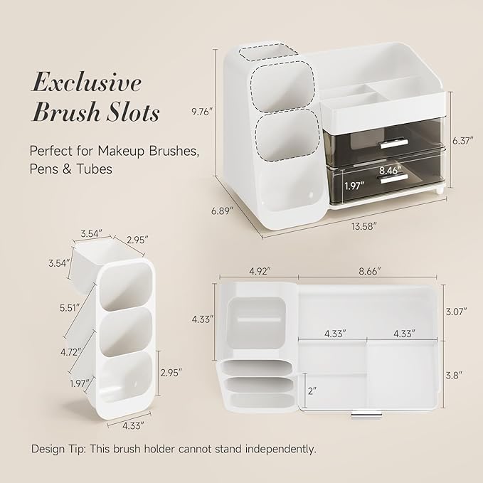 Delamu Makeup Organizer with Drawers for Vanity, Spacious Cosmetic Display Case with Makeup Brush Holder, Perfect Vanity Bathroom Organizer and Storage Solution for Skincare & Beauty Essentials, White