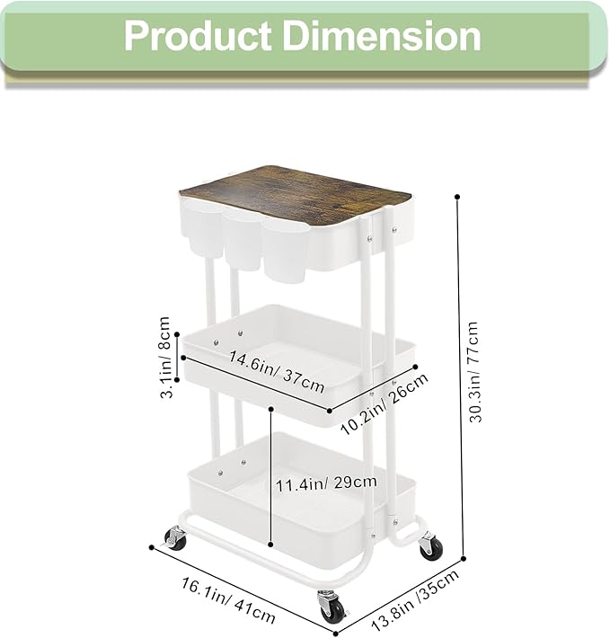 Melody House 3-Tier Metal Utility Rolling Cart Storage Side End Table with Cover Board for Office Home Kitchen Organization, Cream White