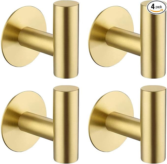 Adhesive Towel Hooks, Heavy Duty Wall Hooks Stainless Steel Waterproof Shower Towel Hooks - 4 Pack, Gold