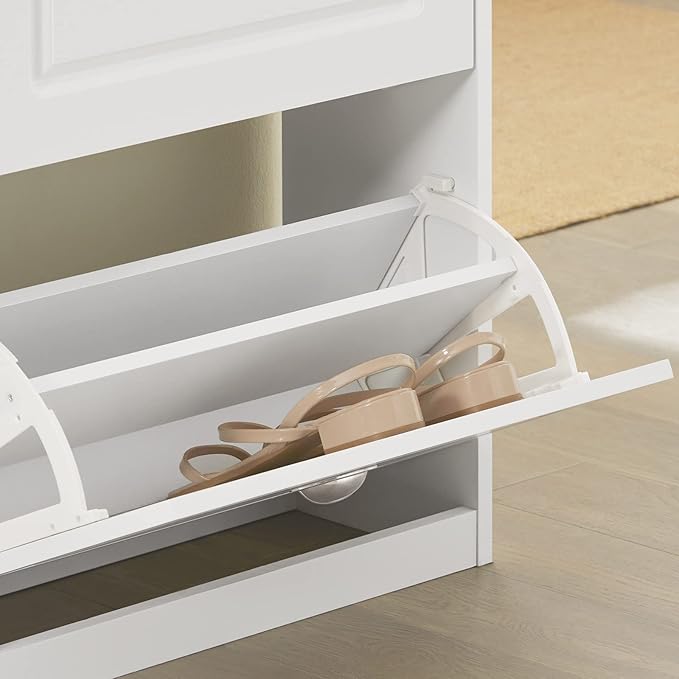 SoBuy White Shoe Cabinet with 4 Flip Drawers, Large Freestanding Shoe Rack, Modern Shoe Organizer for Entryway, Hallway, Entance FSR79-W-NeatNest