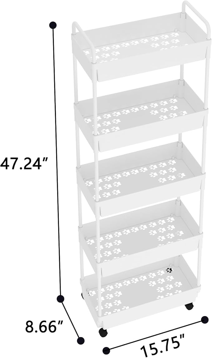 5-Tier Storage Cart,Shelf Organizer Mobile Shelving ,Utility Rolling Cart,Multifunction Movable Storage Organizer with Lockable Wheels,White-NeatNest