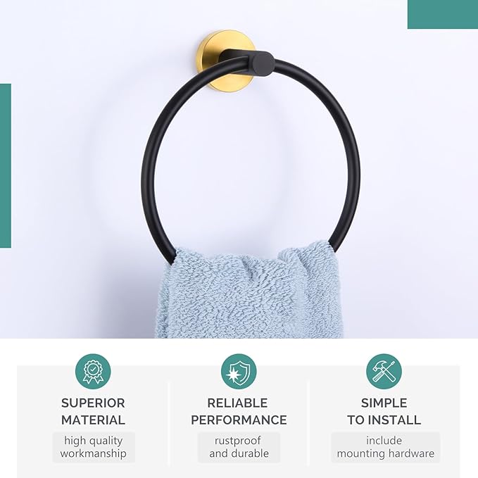 Angle Simple Towel Ring Swivel, Stainless Steel Hand Towel Holder Rack for Bathroom, Black and Gold