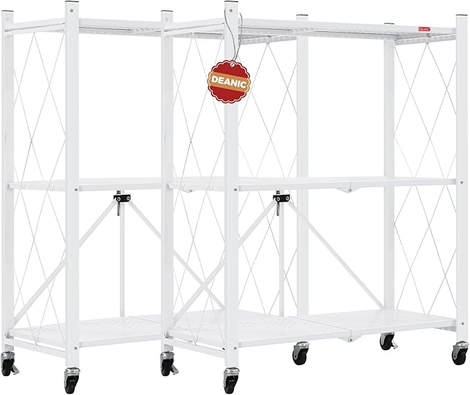 DEANIC 3 Tier Foldable Storage Shelves with Wheels, Large Capacity Shelving Unit, Freestanding Metal Wire Shelf Rack, No Assembly Organizer Rack for Garage Kitchen, Basement, Pantry(White Pack of 2)-NeatNest