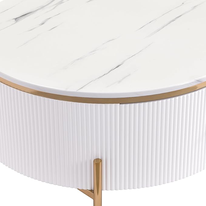 31.5" Modern Round Coffee Table with 2 Large Drawers Storage Accent Table Multiple End Tables Center Table Sofa Table Utility Table for Living Room Office Bedroom Balcony, White & Gold