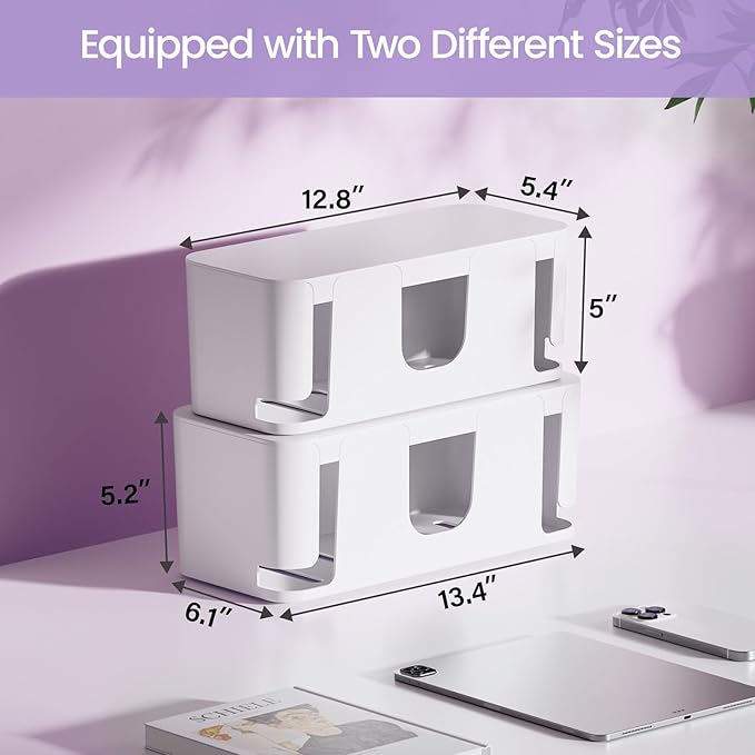 Delamu 2 Pack Cable Management Box, Stylish Cord Organizer for Desk, Pet & Child-Proof ABS Cords Hider Box, Under Desk Cable Box for Computer Router USB Hub & Power Strip, White