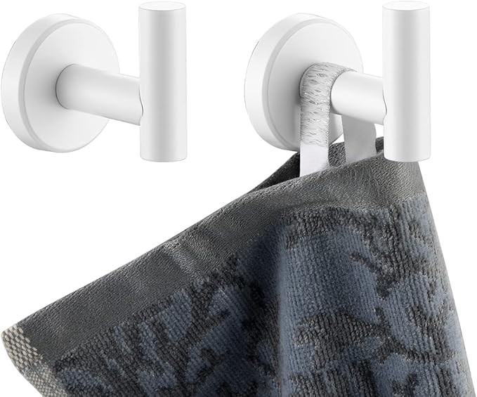 JQK Bathroom Towel Hook White, Coat Robe Clothes Hook for Bathroom Kitchen Garage Wall Mounted (2 Pack), 304 Stainless Steel 0.8mm Thicken, TH100-WH-P2-NeatNest